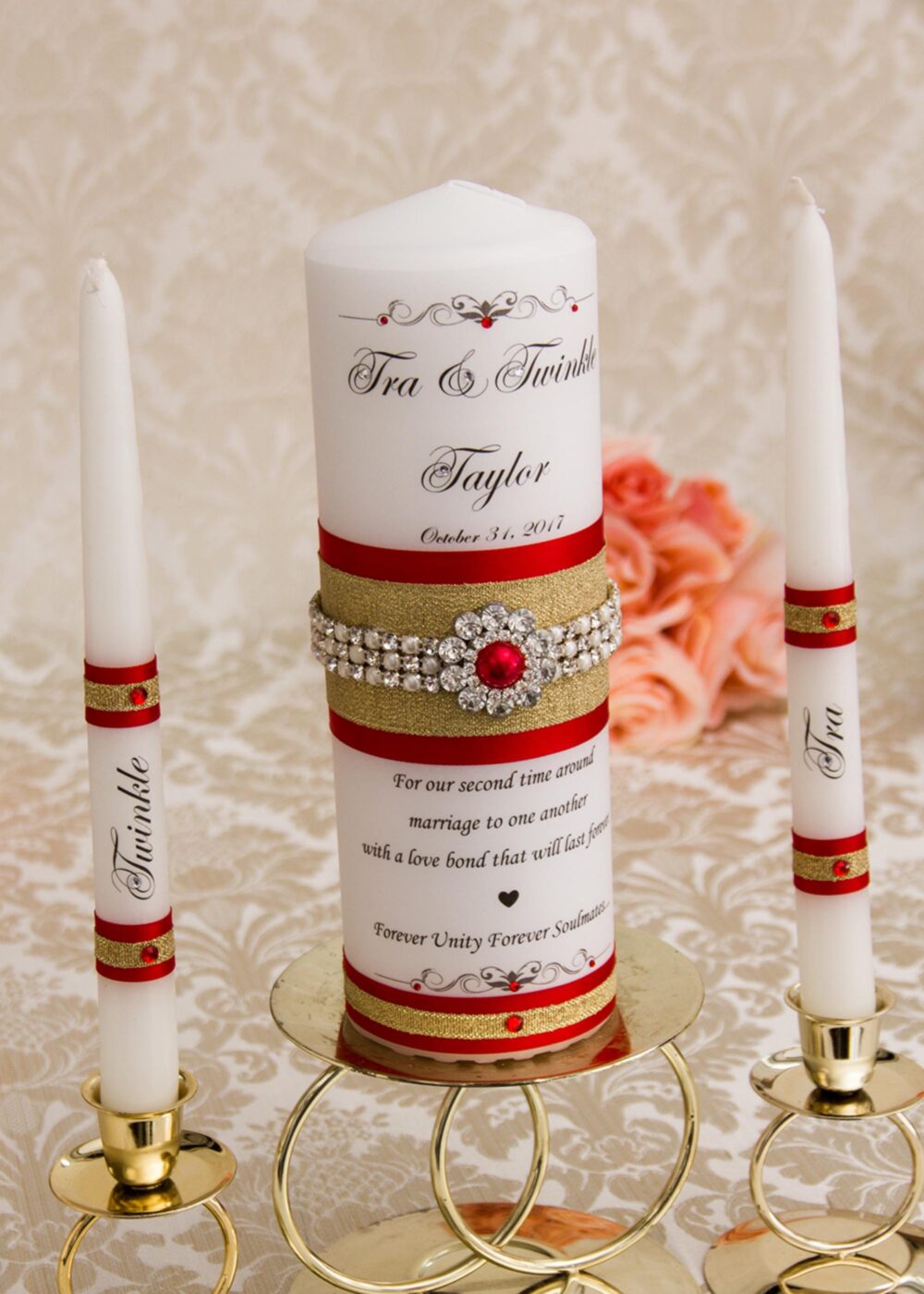 Gold Wedding Unity Candles Set, Red & Candles, Personalized