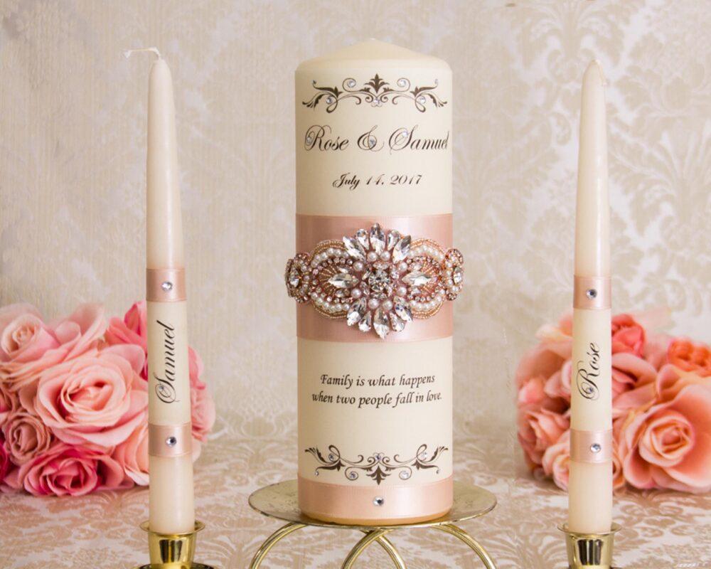 Rose Gold Wedding Unity Candles Set, Personalized Candle Blush Monogram