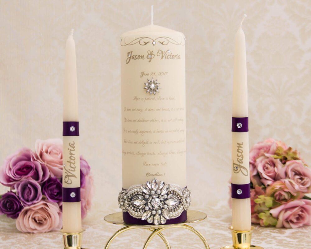 Purple Wedding Unity Candle Set, Plum Candles Personalized Set