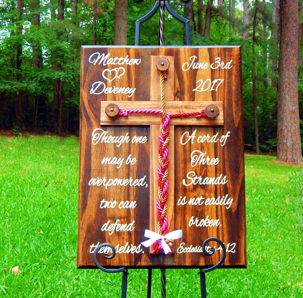 Cord Of Three Strands Wedding, Unity Braids®, Wedding Wood Cross, Signs, Rope Sign, Wooden Real Tree Trunks