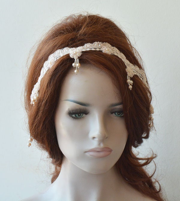 Wedding Lace Headband Blush Pink Pearl Bridal Hair Vine