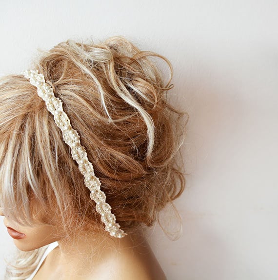Rustic Lace Wedding Headband Pearl Bridal Hair Accessory