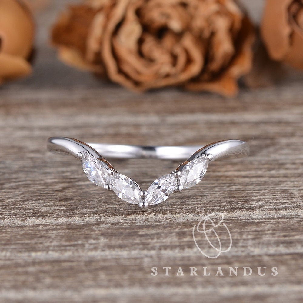 Marquise Moissanite Weeding Band Women White Gold Custom Curved Ring Cluster Enhancer Guard Natural Diamond Stacking