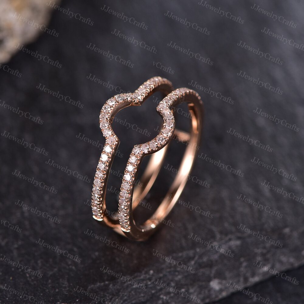 Moissanite Enhancer Guard Wedding Ring, Curved Band, Women Double Chevron Band, Silver Rose Gold, Vintage Bridal Ring Jacket