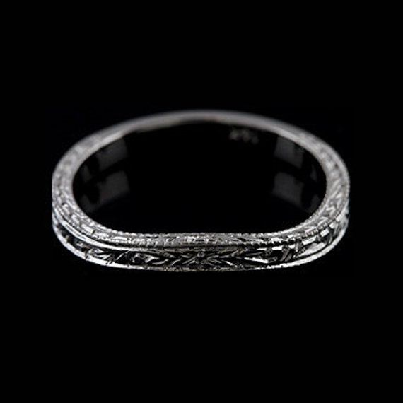 Vintage Inspired Engraved Curved Wedding Band, Antique Reproduction Ring Enhancer Guard Gold & Platinum, Carved Contour Wrap