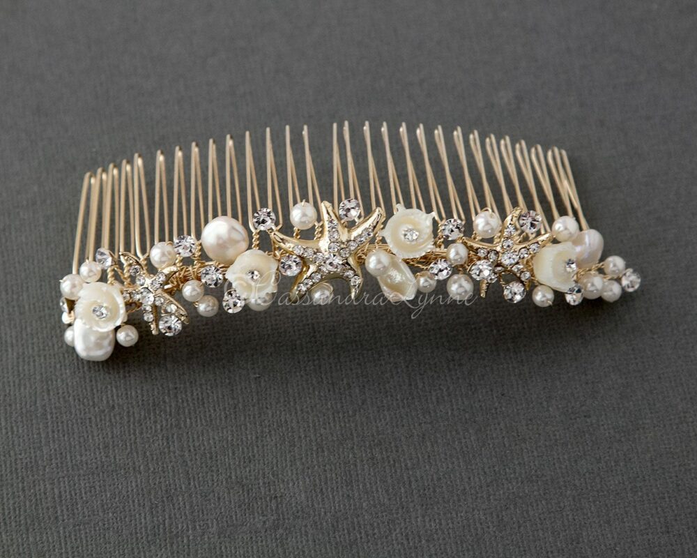 Beach Wedding Comb Of Starfish & Shell Flowers Gold Bridal Tiara