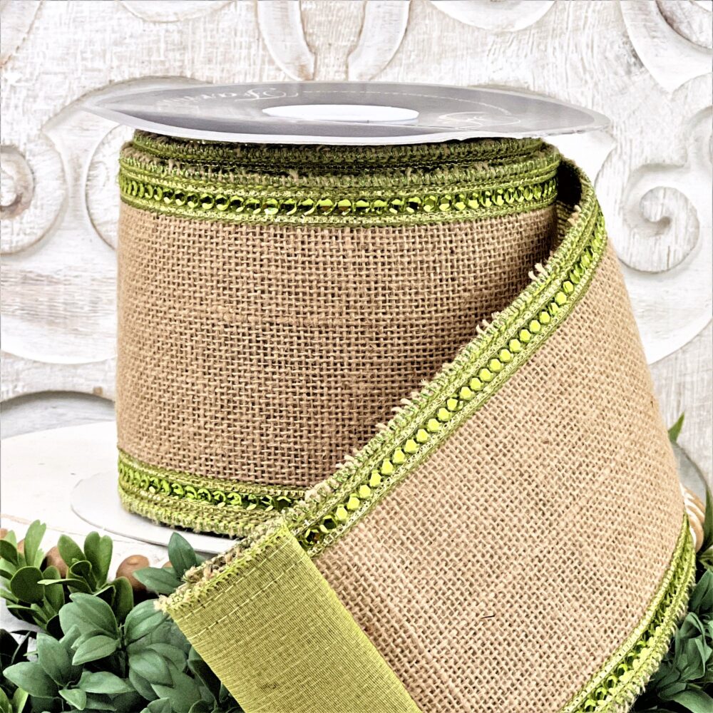 Farrisilk Lime Green Sequin Burlap Ribbon 4 Inch Wired Jeweled Ribbon