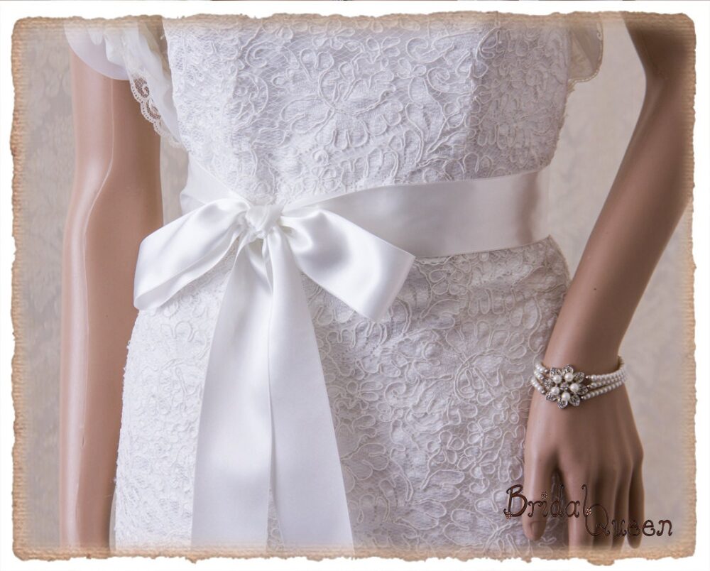 2" French Deluxe Off White Wedding Sash Belt, Bridal Diamond White Satin Ribbon Sash