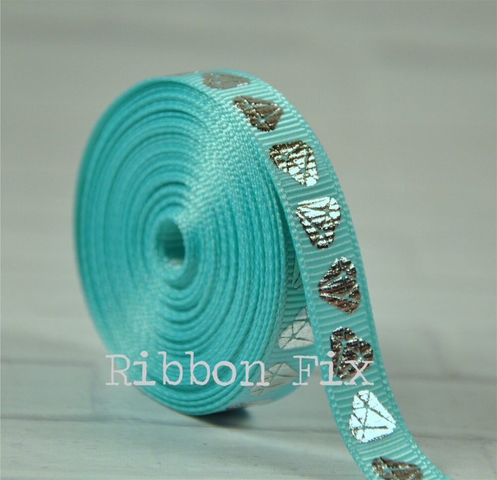 3/8" Aqua Blue & Silver Foil Diamond Print Grosgrain Ribbon - Us Designer Jewelry Wedding Ring Bling Gift Wrap Engagement Party