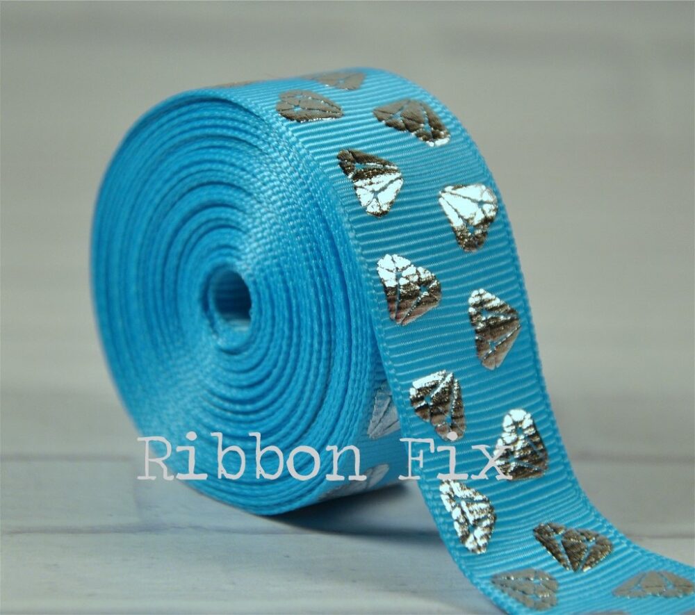 7/8" Turquoise Blue & Silver Foil Diamond Print Grosgrain Ribbon - Marriage Jewelry Wedding Gift Wrap Ring Dog Collar Engagement