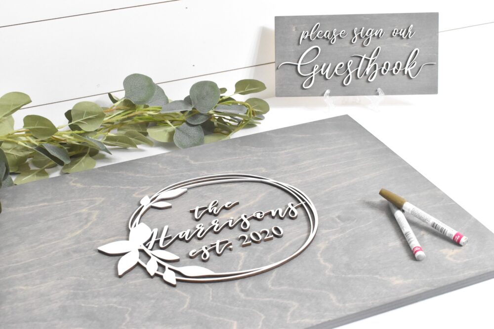 3D Wedding Guest Book Alternative - Rustic Book Wooden Sign Unique Wood Guestbook -Wreath