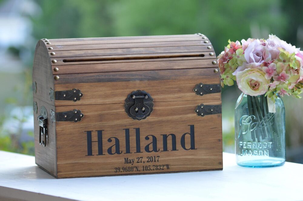 Elegant Barn Wedding Card Box Holder, Custom Coordinates For Wedding, Rustic Cards Box, Country Money Wooden Trunk