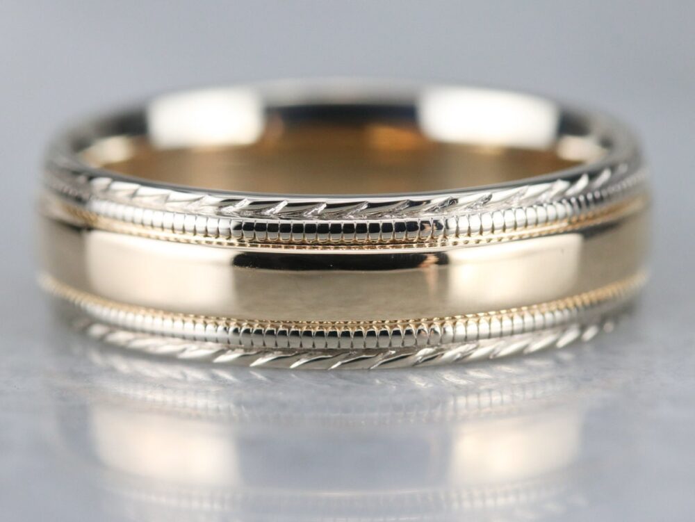 Vintage Two Tone Wedding Band, Unisex 14K Gold Nautical Stacking Anniversary Gift R5Mlp0Zw