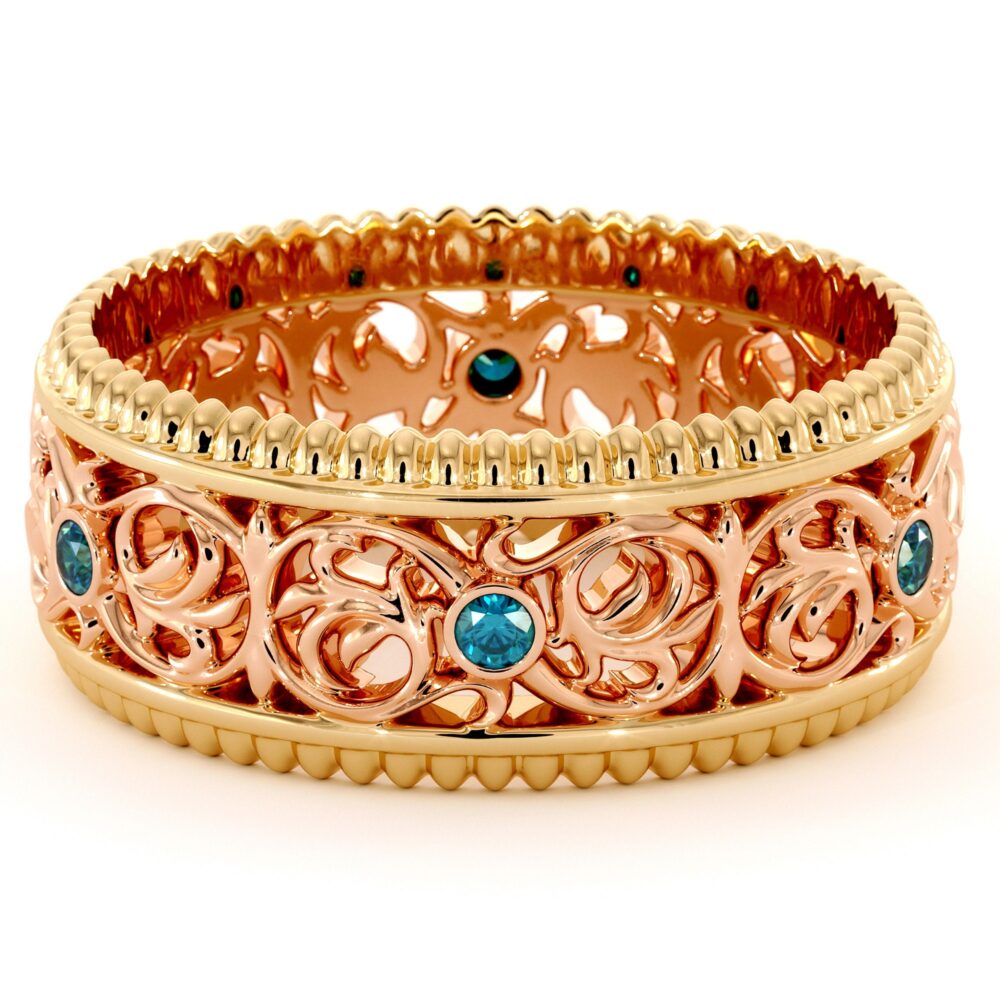 14K Two Tone Gold Men's Wedding Band With Blue Diamonds