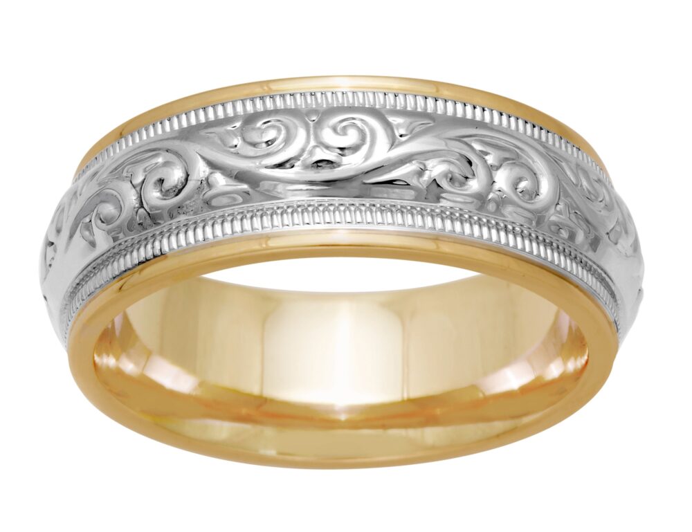 Designer 7mm Unique Two Tone Gold Hand Crafted Paisley Leaf Design, Comfort Fit With Beaded Milgrain Wedding Band, 14K, 18K, Free Engraving