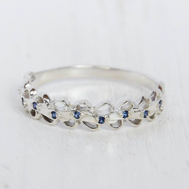 Unique Wedding Band, Sapphire Silver Band Ring, Blue Stone Women Ring For Her
