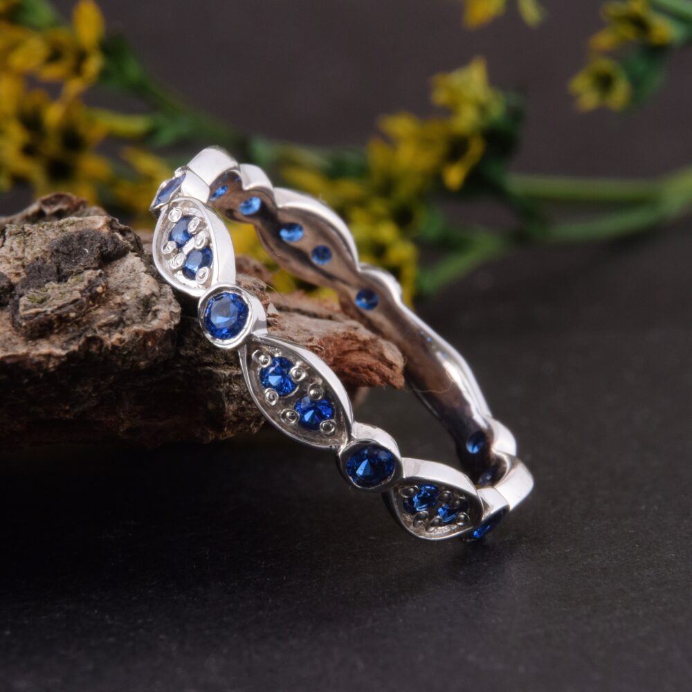 Blue Sapphire Wedding Band, Womens Sterling Silver Band, Unique Art Deco Band, Small & Dainty Band, Simple Ring