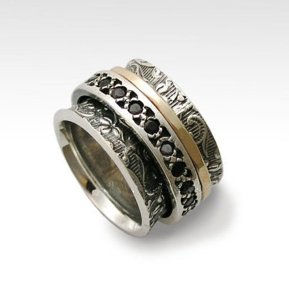 Garnets Ring, Meditation Wedding Silver Band, Boho Spinner Gold Filled Wide Silver Ring - Edge Of The World R1209G-1