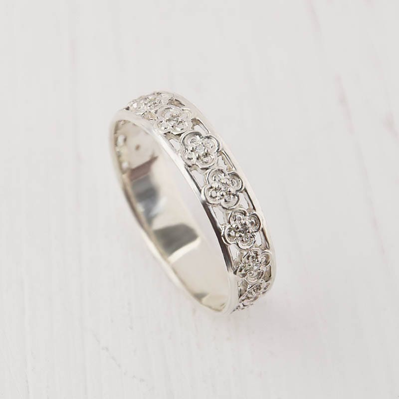 Wedding Ring Silver, Band White Wedding Ring, White Band, Flower Ring, Unique Band, Wedding For Her