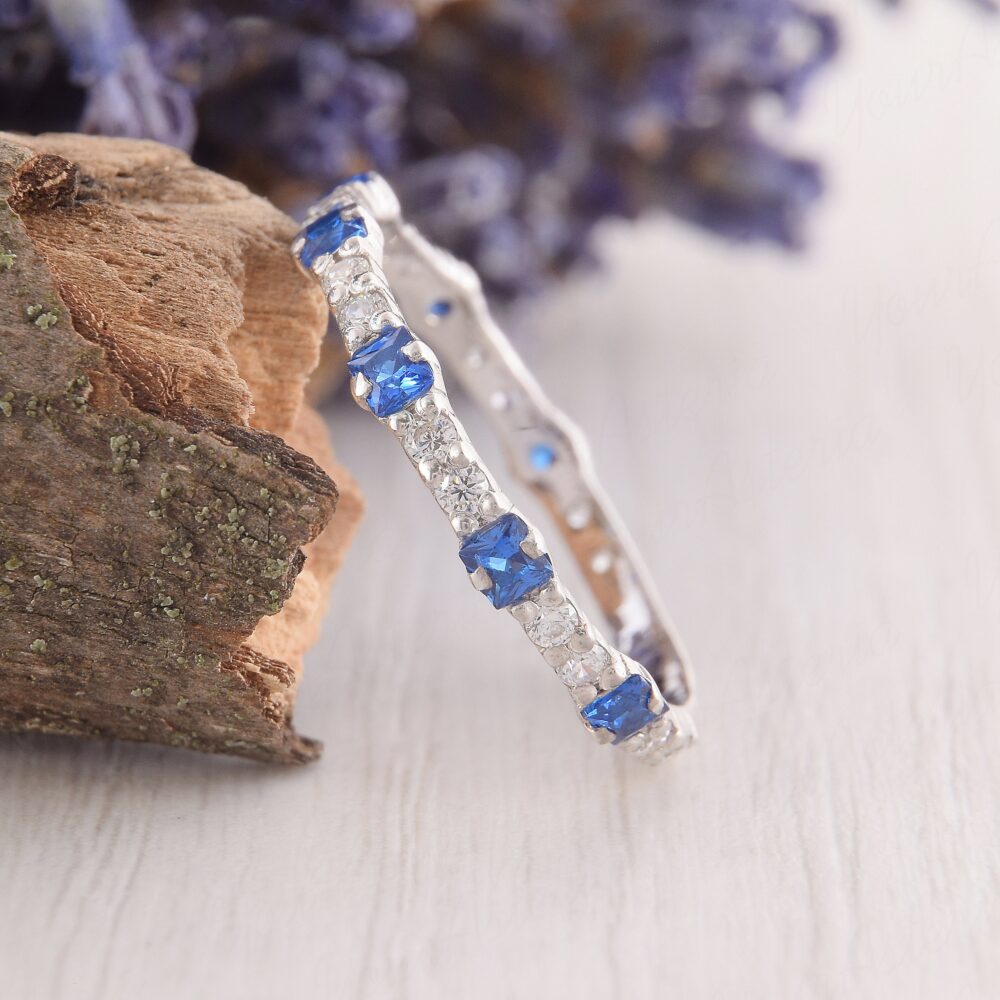 Unique Sapphire Wedding Band, Silver Band Women, Blue Ring, Dainty Minimalist Band, Small