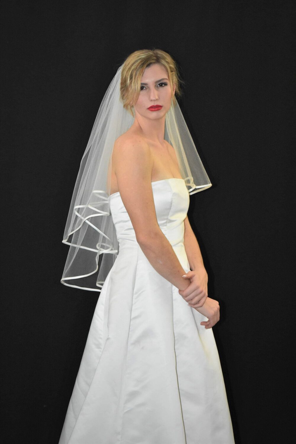Two Tier Elbow Wedding Veil Satin Edge, Circle Cut