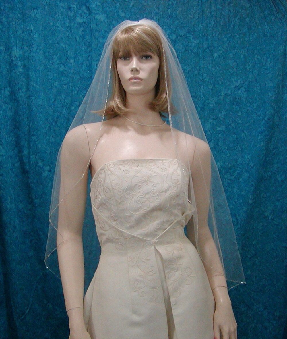 Crystal & Bugle Beaded Edge 1 Tier Fingertip Length Wedding Veil Sale