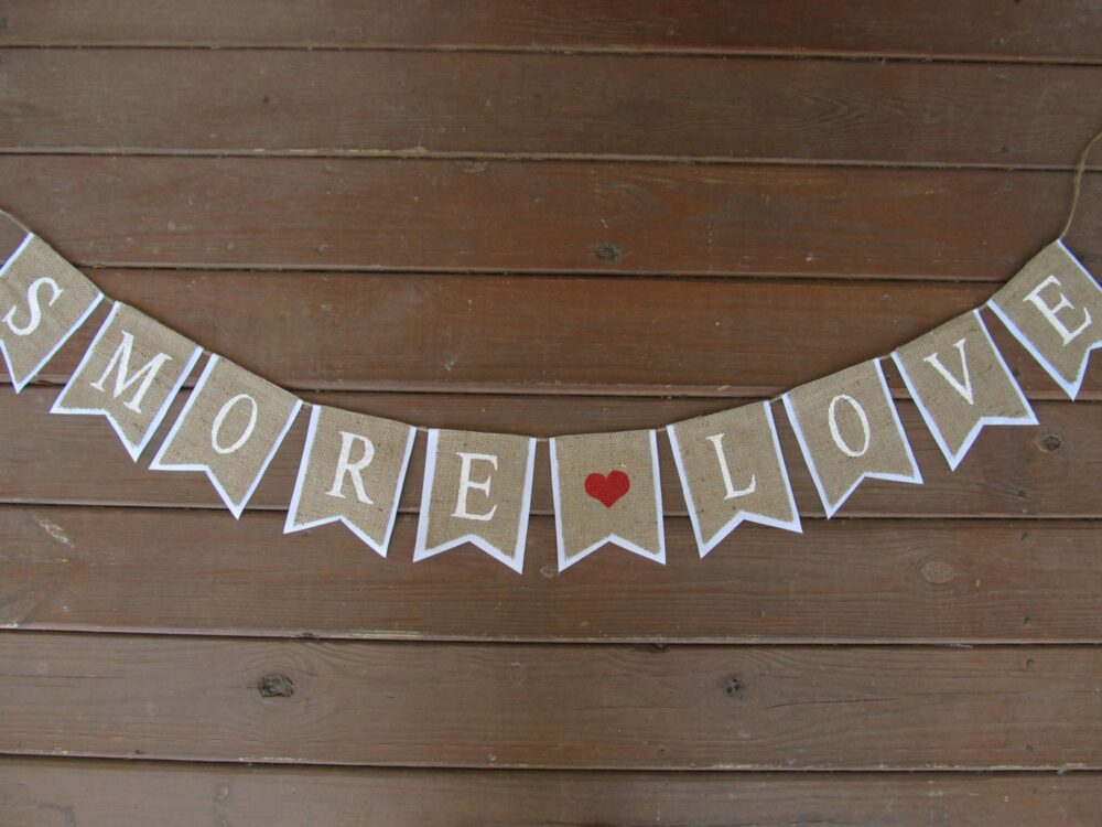 Rustic Burlap "Smore Love" Wedding Banner Shown With White Lettering & Outline
