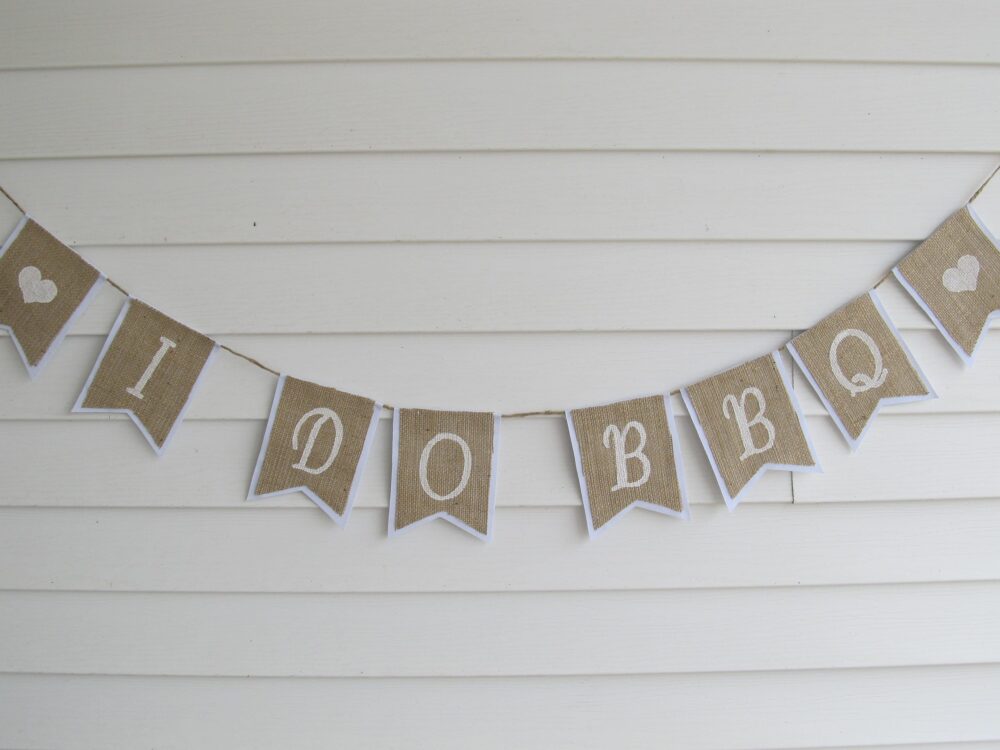 Rustic Burlap "I Do Bbq" Wedding Banner Shown With White Lettering & Outline