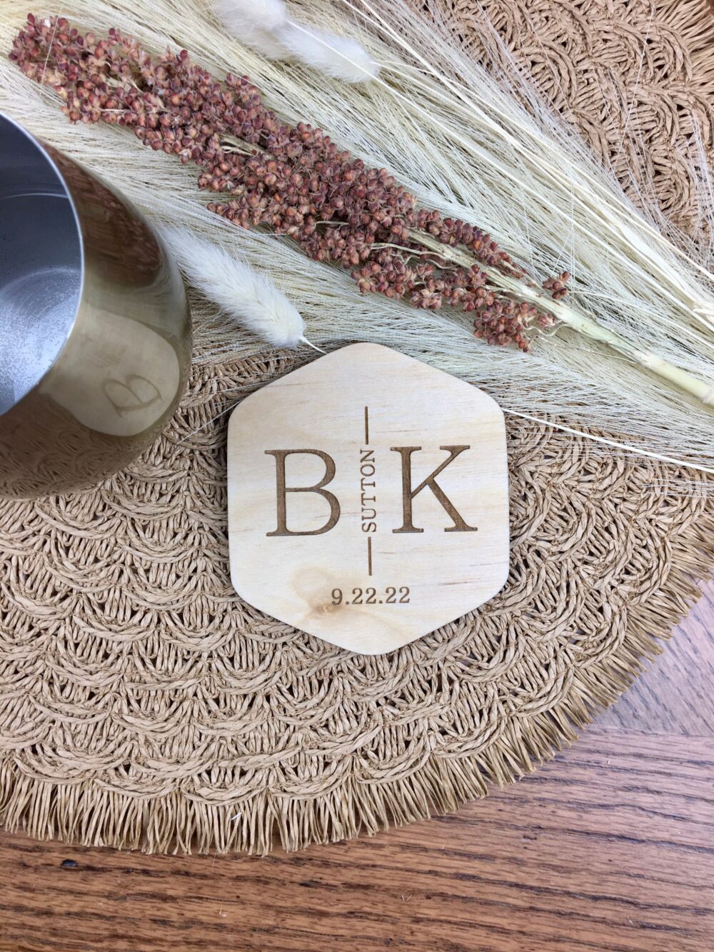 Custom Bulk Wedding Favors, Personalized Wooden Coaster Set, Monogram Coasters, Boho Party Gift, Bridal Shower Gift