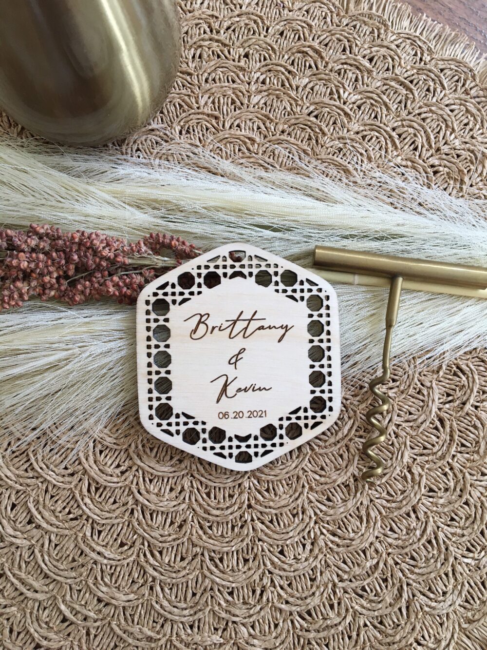 Custom Bulk Rattan Wedding Favors, Personalized Wooden Coasters Set, Monogram Coasters, Boho Party Gift, Bridal Shower Gift