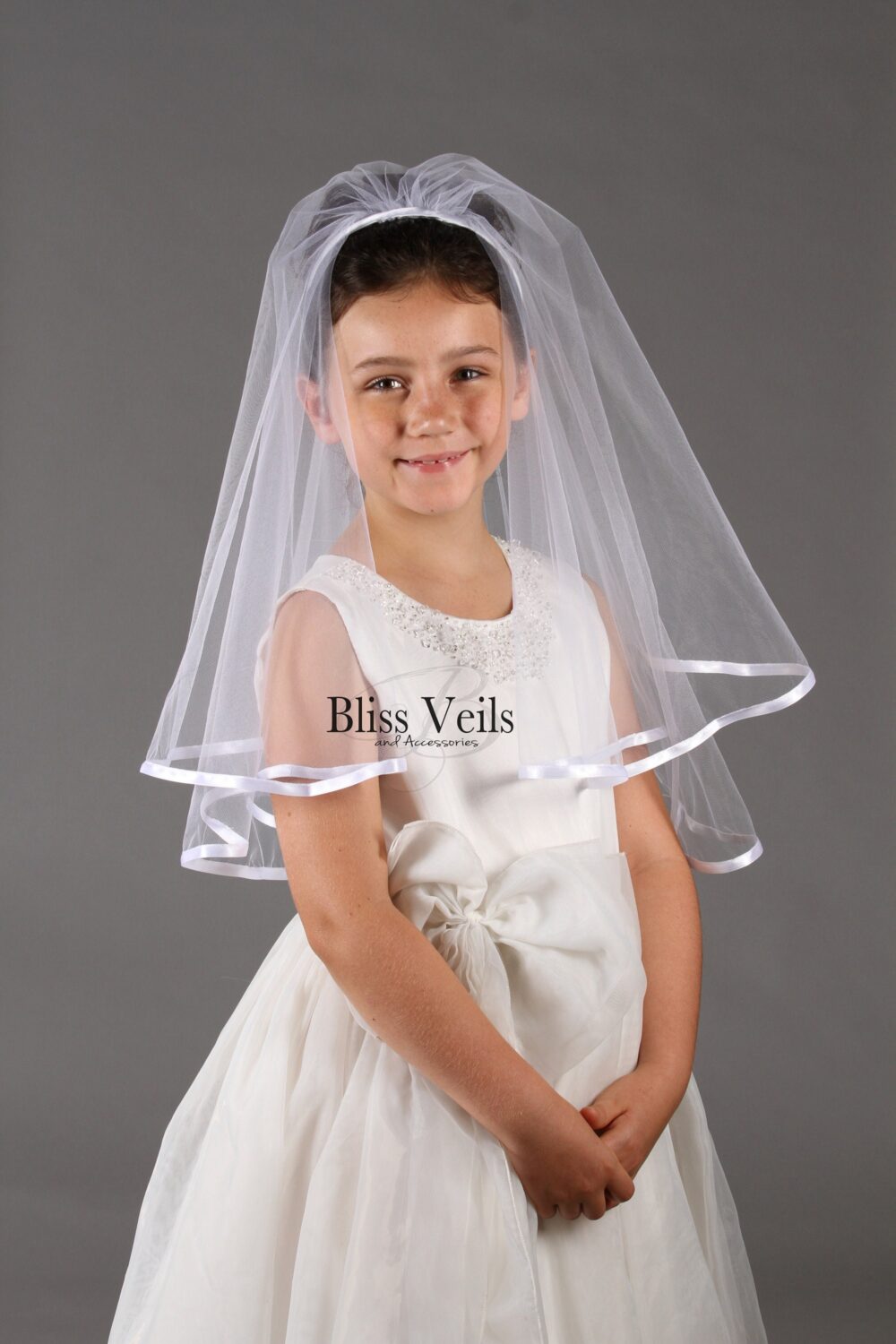Two-Layer First Communion Veil With Ribbon Edge & Headband - Catholic Hair Accessory