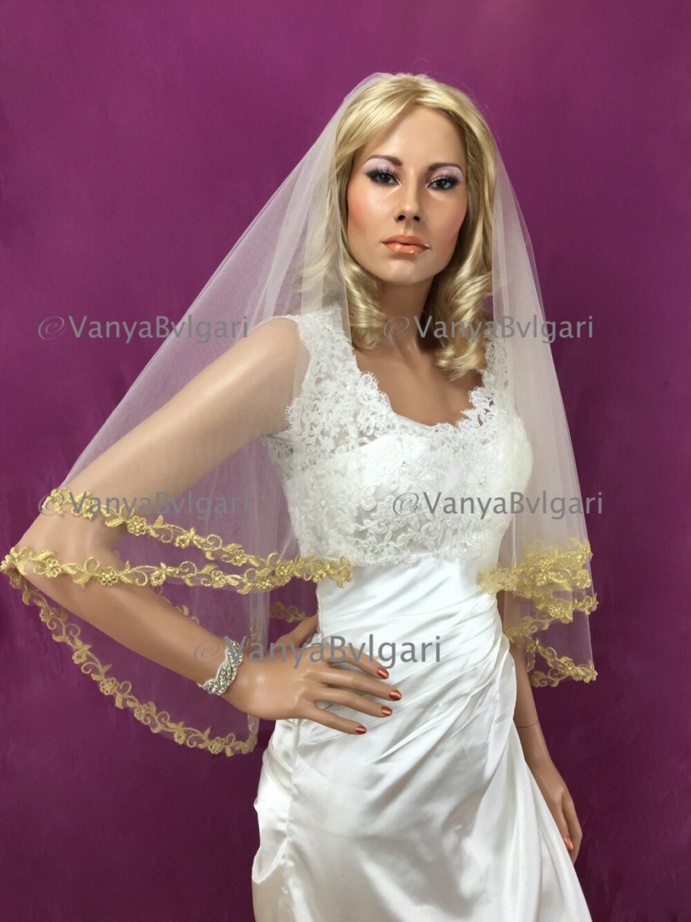 Two Tier Veil With Gold Lace & Champagne Tulle in Fingertip Length, Bridal Beaded Trim Edge