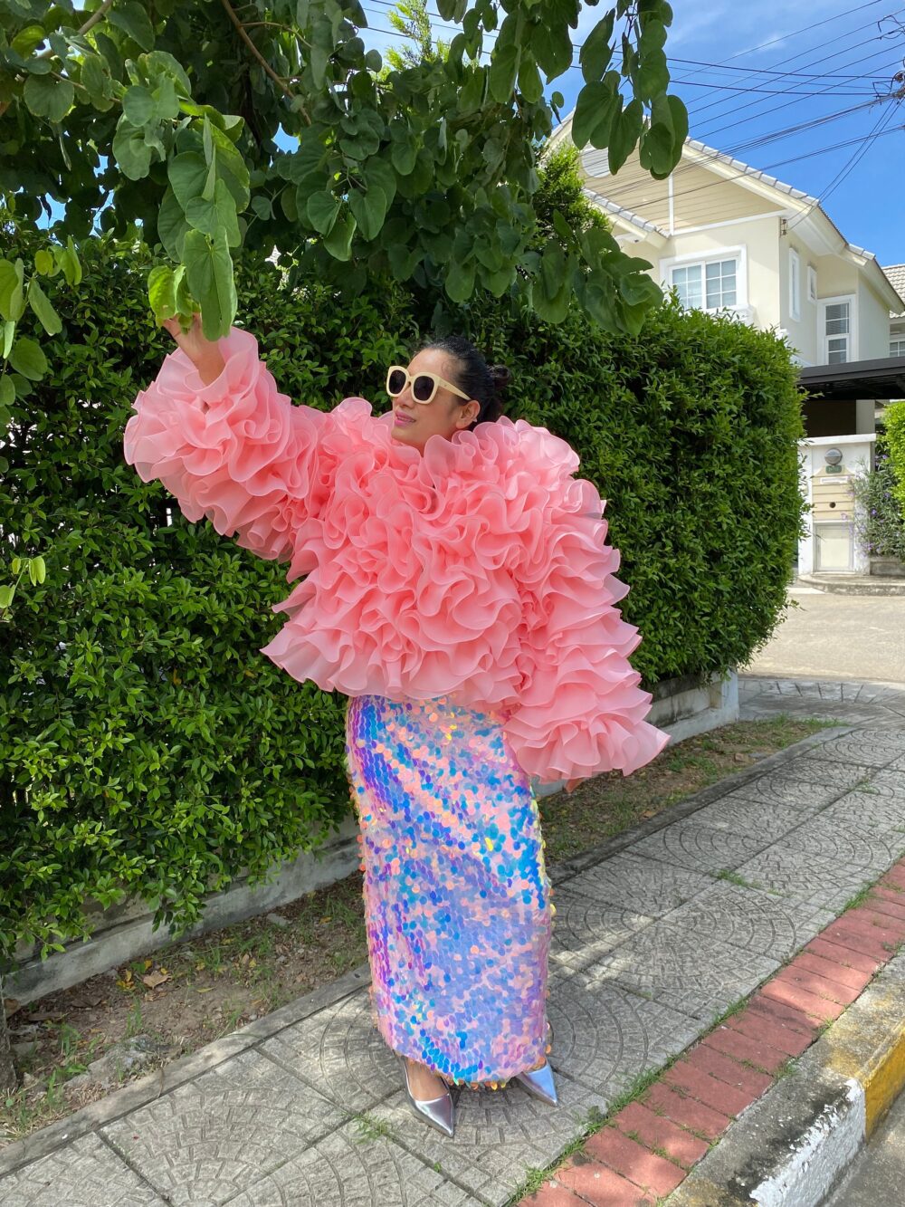 Celeste Coral Pink Cropped Ruffles Jacket For Women, Coat Dress Cocktail Party, Plus Size Dress, Custom Jacket, Ruffles Wedding Gown