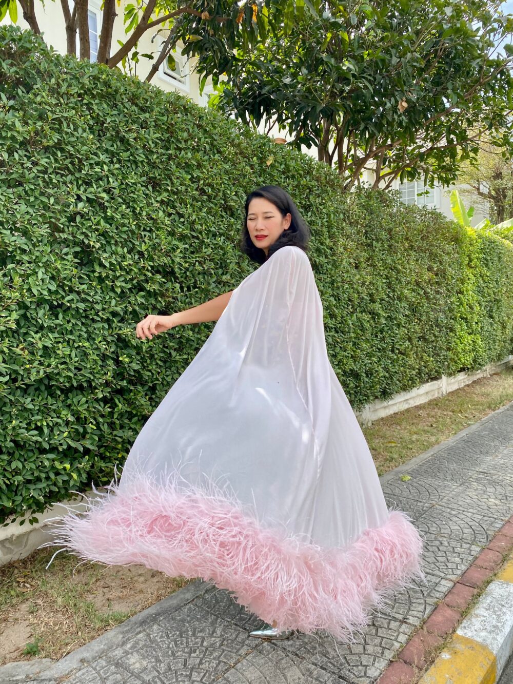 Una Light Pink Boas Feathers Cape Dress, Ball Gown Wedding Dress, Wedding Guest Dress, Plus Size Dress