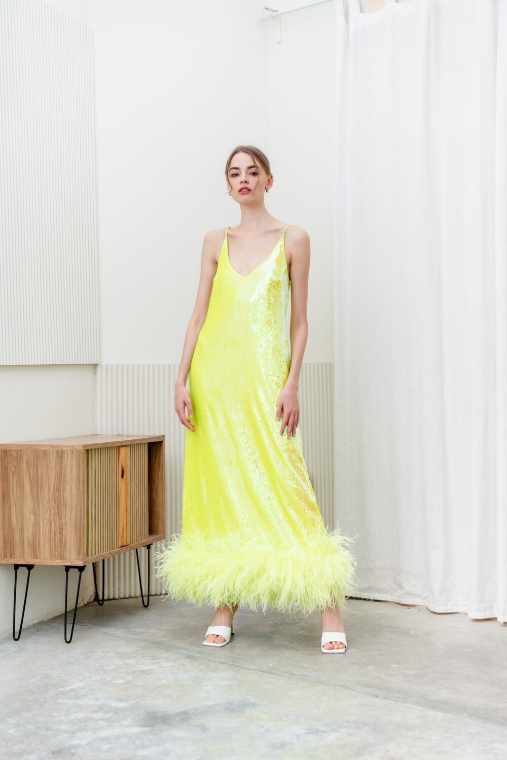 Custom Sequin Neon Yellow Feathers Maxi Dress, Plus Size Dress, Unique Wedding Dress, Ball Gown Dress, Wedding Guest Dress