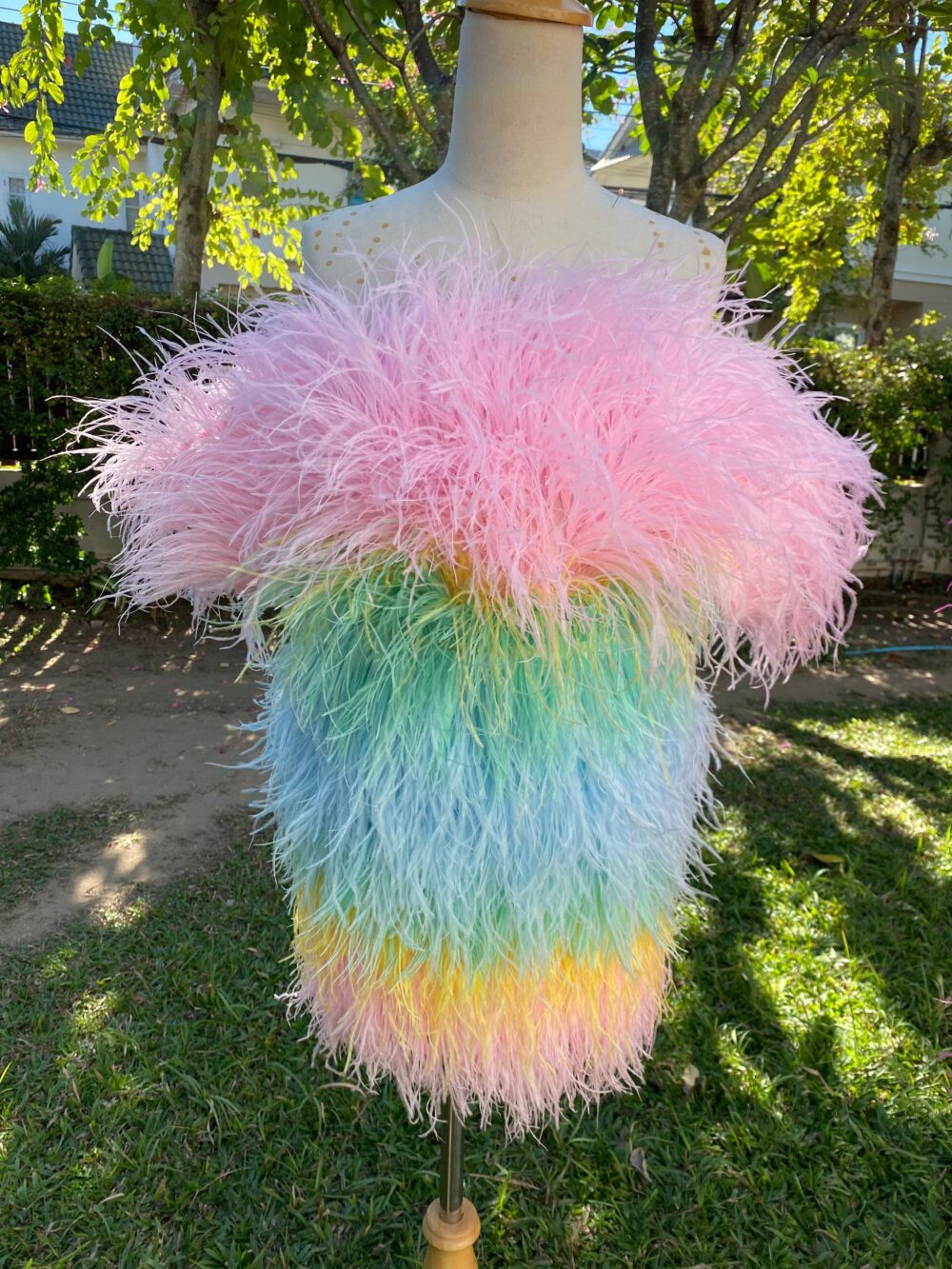 Rina Rainbow Feathers Off The Shoulder Mini Dress, Unique Wedding Dress, Plus Size Dress, Rainbow Trimmed Short Dress, Ball Gown Dress