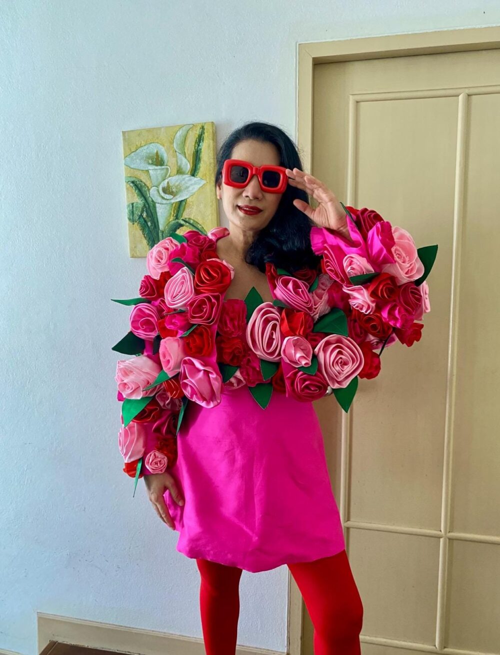 Custom Hot Pink 3D Flower Jacket For Women, Plus Size Dress, Custom Jacket, Ruffles Wedding Gown, Cover Up Dress, Elegant Dress