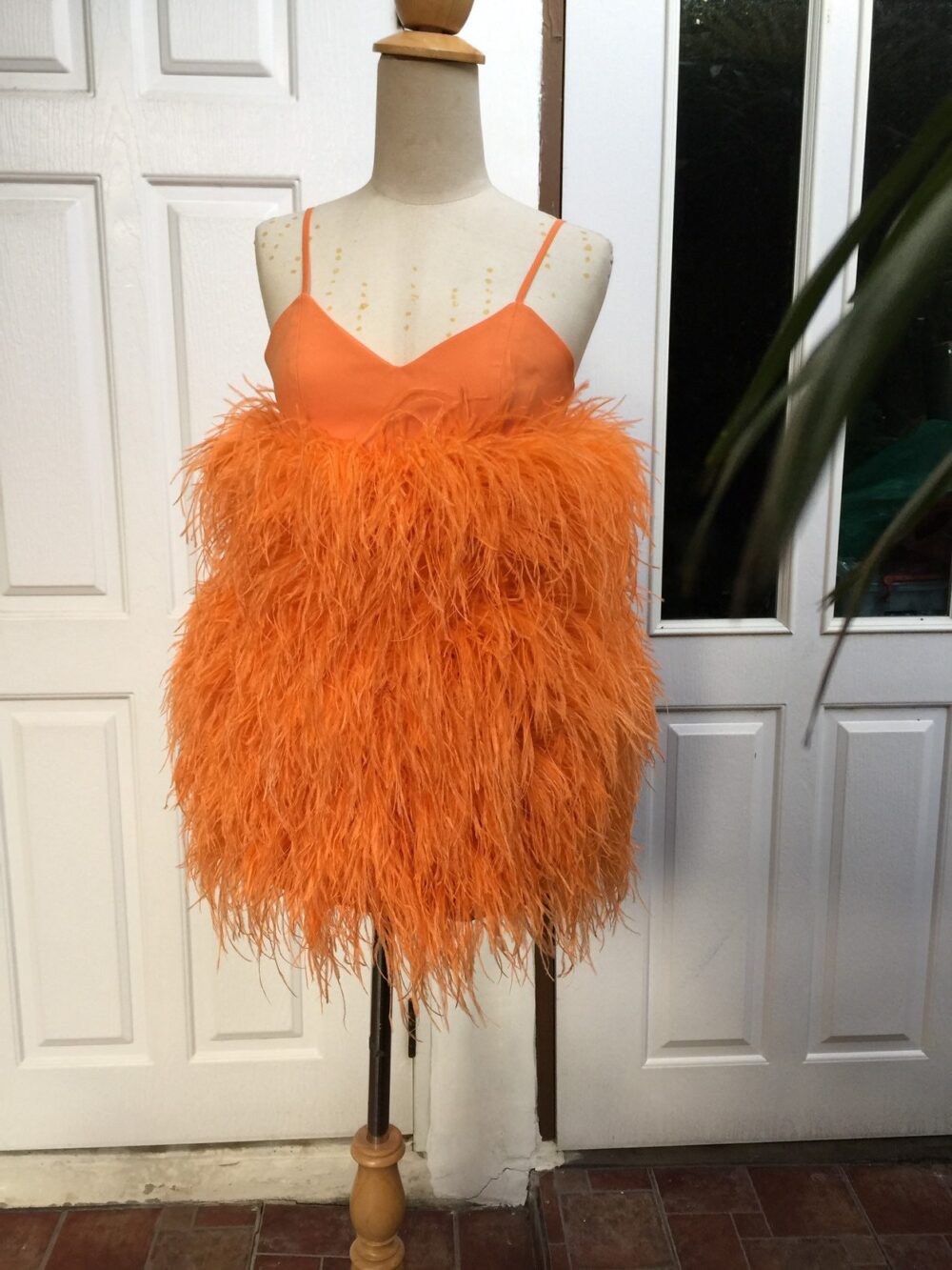 Nasha Orange Ostrich Feathers Mini Dress For Women, Unique Wedding Dress, Plus Size Dress, Ball Gown Dress, Alternative