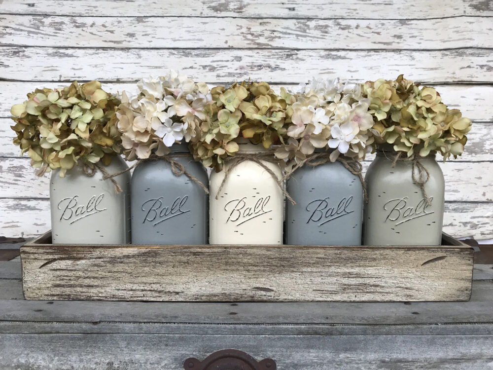 Mason Jar Decor Centerpiece | Flowers Optional -Antique Wood Tray Rusty Handles 5 Ball Canning Painted Quart Jars Distressed Gray White Blue