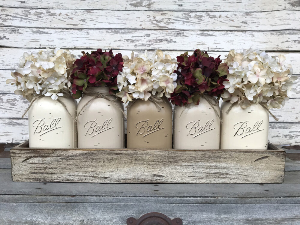 Mason Jar Decor Centerpiece | Flowers Optional -Antique Wood Tray Rusty Handles - 5 Ball Canning Painted Quart Jars Distressed Red White Blue