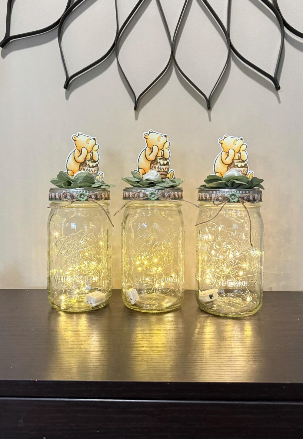 Classic Pooh Baby Shower Centerpiece Mason Jar Decoration With Fairy Light Set Of 3 Centerpieces Gender Neutral