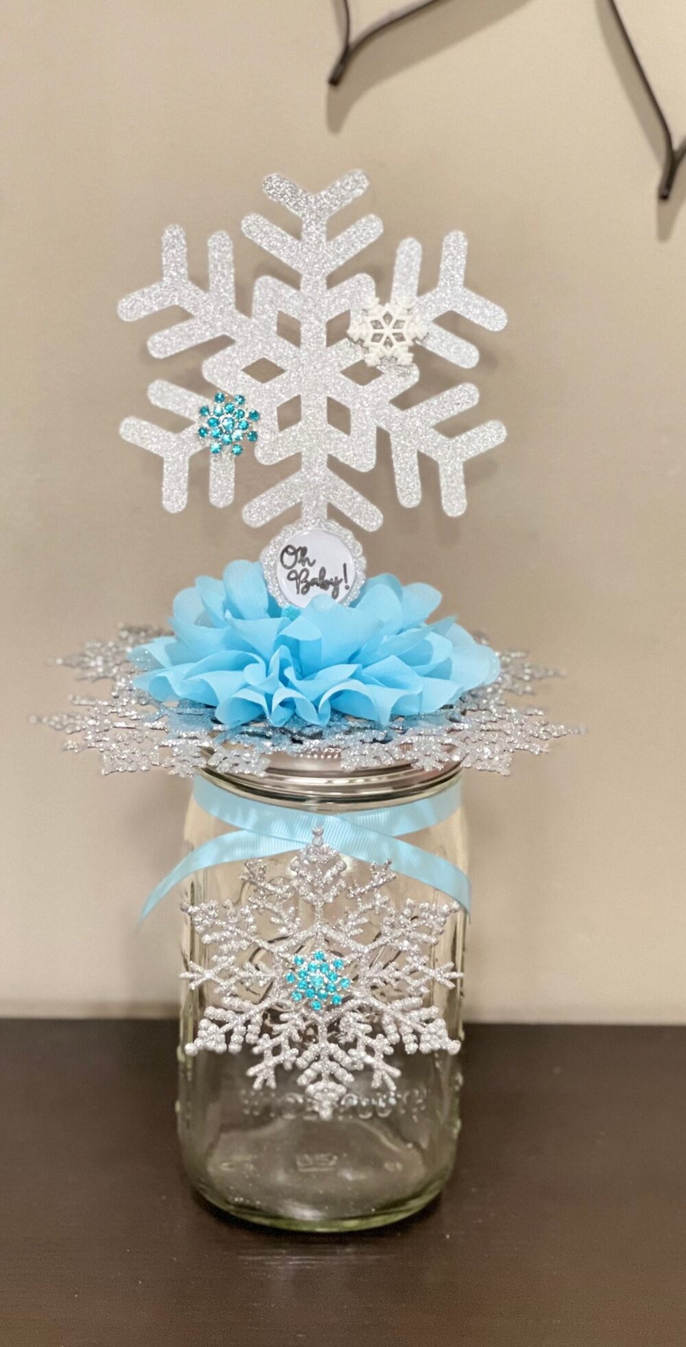 Snowflake Baby Shower Centerpiece Mason Jar Decoration Winter Table Christmas
