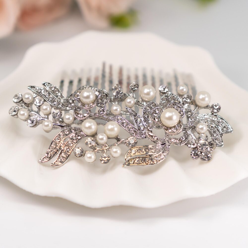Crystal Pearl Wedding Hair Comb - Vintage Floral Bridal Hairpiece, Elegant Rhinestone Accessory