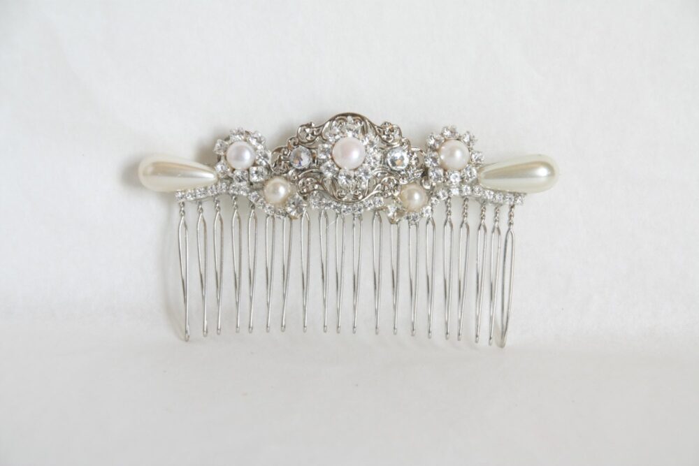 Wedding Hair Comb Bridal Crystals & Pearls Vintage 1920S Flower Leafs Flowers Headpiece Piece