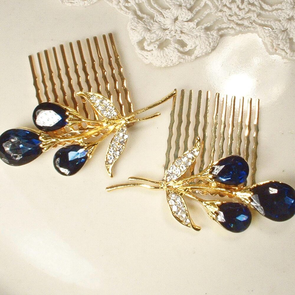 Gold Navy Blue Wedding Hair Comb, 1/Pair Sapphire Rhinestone Bridal Headpiece Head Piece, Hairpiece, Small Vintage Something Clip Gift