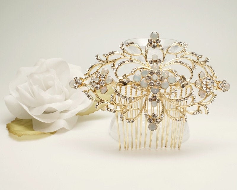 Vintage Moonstone Wedding Hair Comb, Rhinestone Filigree Comb, Gold Opal Bridal Art Deco Headpiece, Comb - 1137
