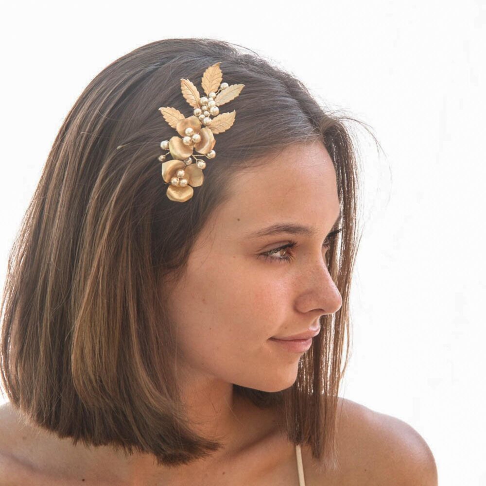 Gold Leaf & Flower Wedding Hair Comb With Champagne Pearls, Metal Bridal Headpiece