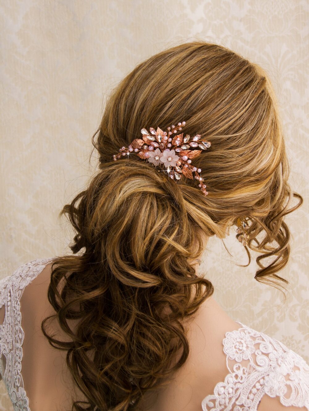 Rose Gold Rhinestone Wedding Hair Comb Crystal Pearl Bridal Hairpiece