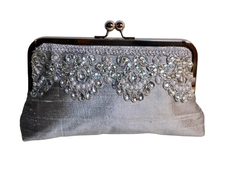 Bridal Bridesmaid Clutch Silver Lace With Rhinestones & Pearls