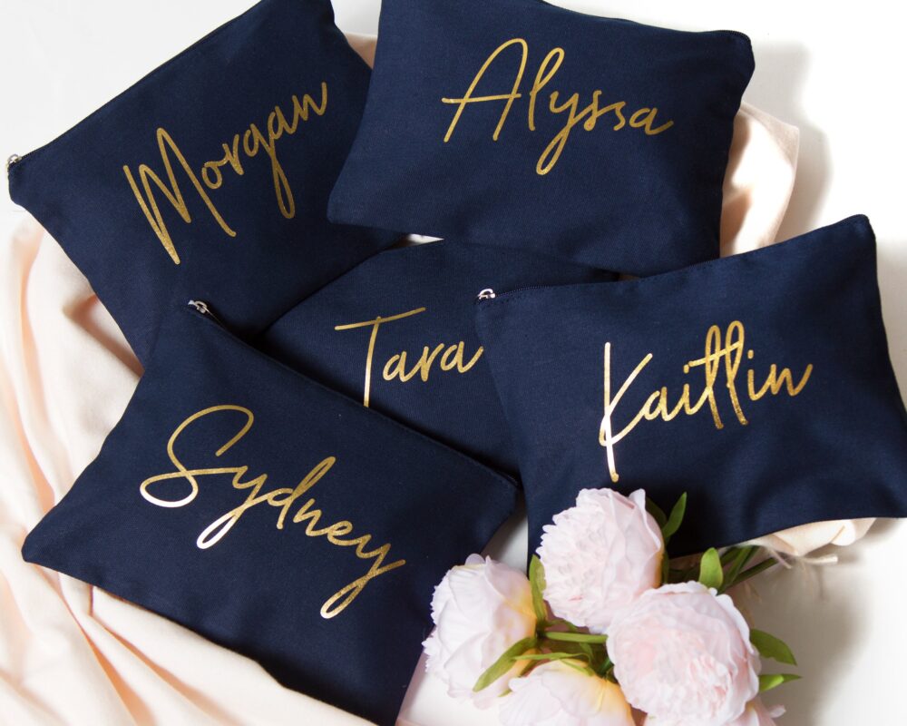 Bridesmaid Gift Cosmetic Bag, Makeup Brush Case, Handwritten Script Canvas Holder, Wedding Bridal Gift, Custom Name Clutch